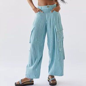Urban Outfitters UO Alexandra Linen Cargo Pant In Blue Multi Size XS